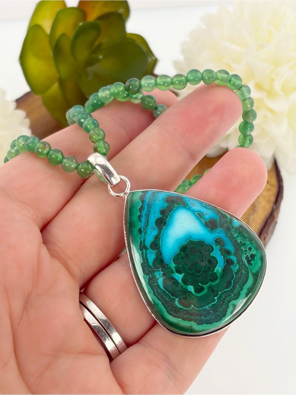 Pure Sterling Silver 925 Top Quality Malachite Chrysocolla Pendant Necklace Pear